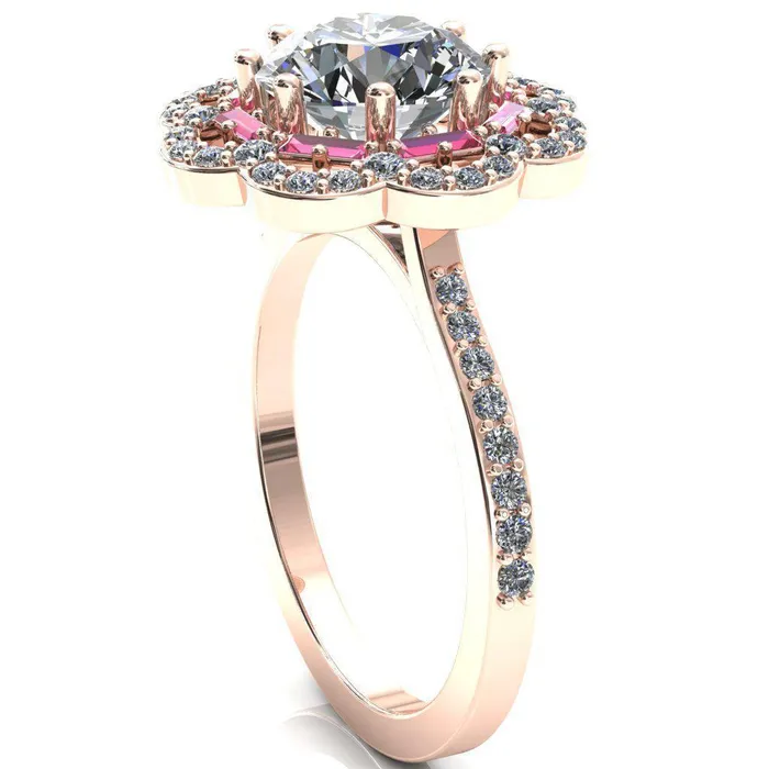 Camelia Round Center Stone Accent Diamond and Pink Sapphire Halo Ring Fire Brilliance Rings