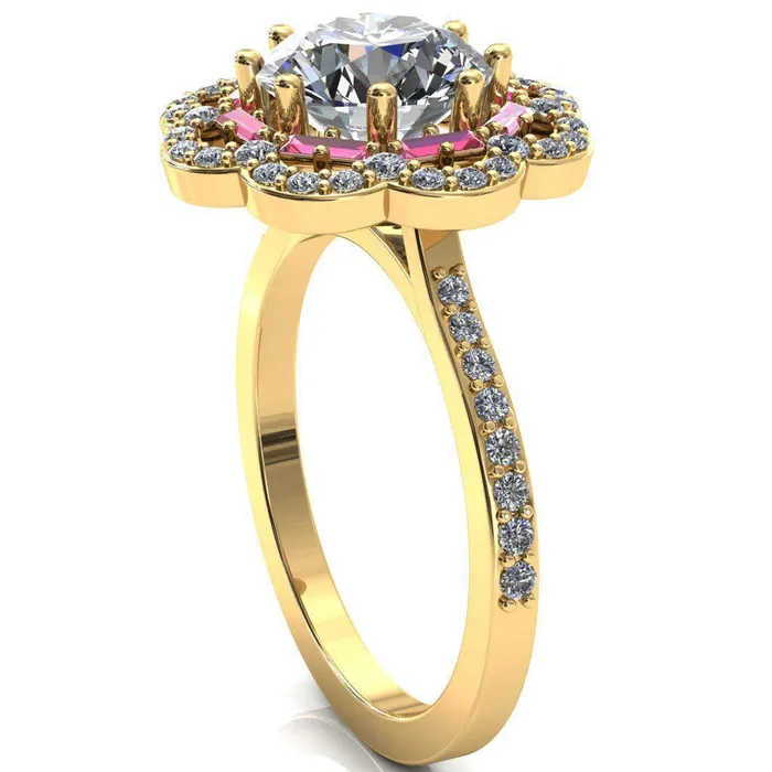 Camelia Round Center Stone Accent Diamond and Pink Sapphire Halo Ring Fire Brilliance Rings