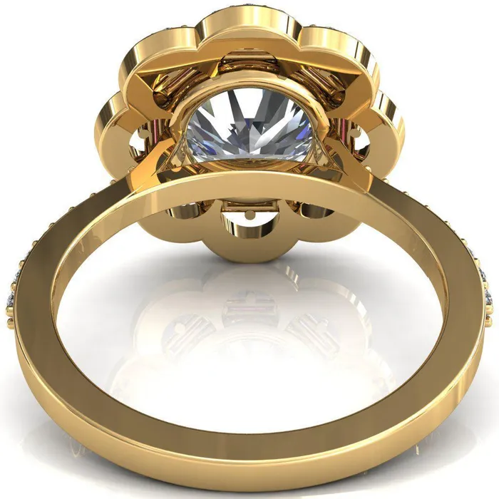 Camelia Round Center Stone Accent Diamond and Pink Sapphire Halo Ring Fire Brilliance Rings
