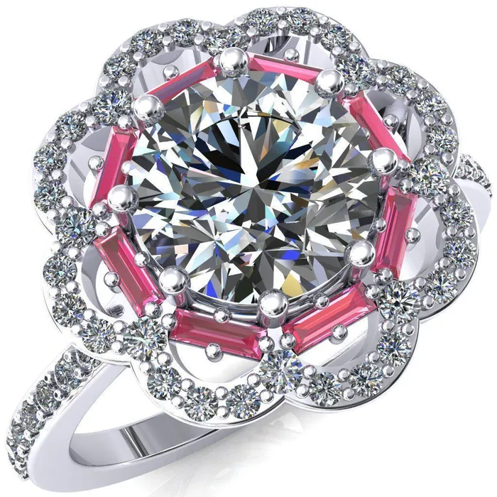 Camelia Round Center Stone Accent Diamond and Pink Sapphire Halo Ring Fire Brilliance Rings