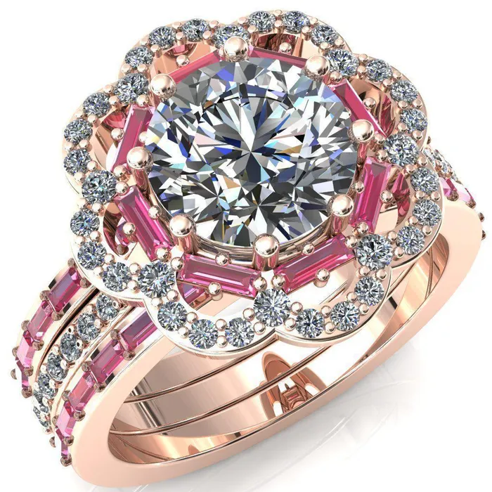 Camelia Round Center Stone Accent Diamond and Pink Sapphire Halo Ring Fire Brilliance Rings