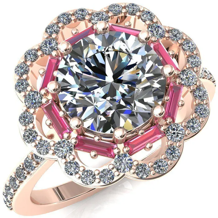 Camelia Round Center Stone Accent Diamond and Pink Sapphire Halo Ring Fire Brilliance Rings