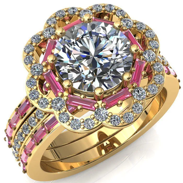 Camelia Round Center Stone Accent Diamond and Pink Sapphire Halo Ring Fire Brilliance Rings