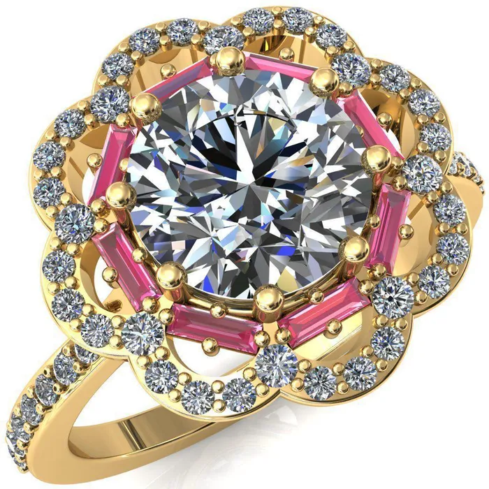 Camelia Round Center Stone Accent Diamond and Pink Sapphire Halo Ring Fire Brilliance Rings