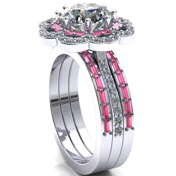 Camelia Round Center Stone Accent Diamond and Pink Sapphire Halo Ring Fire Brilliance Rings