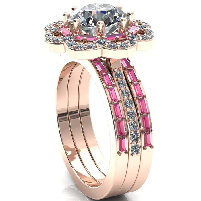 Camelia Round Center Stone Accent Diamond and Pink Sapphire Halo Ring Fire Brilliance Rings