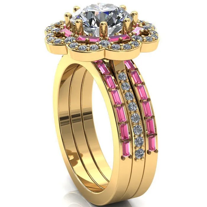 Camelia Round Center Stone Accent Diamond and Pink Sapphire Halo Ring Fire Brilliance Rings