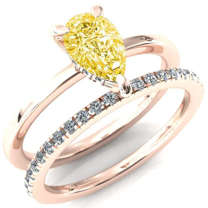 Carmeli Pear Canary Yellow 3 Claw Prong Micro Pave Diamond Rail Engagement Ring Fire Brilliance Rings