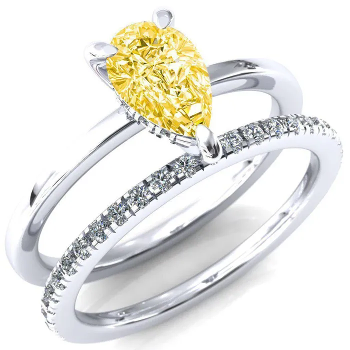 Carmeli Pear Canary Yellow 3 Claw Prong Micro Pave Diamond Rail Engagement Ring Fire Brilliance Rings