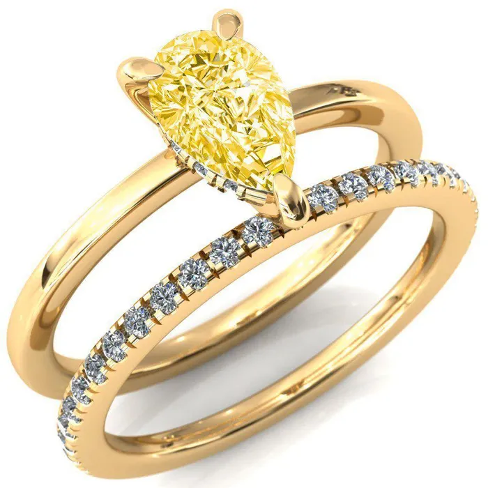 Carmeli Pear Canary Yellow 3 Claw Prong Micro Pave Diamond Rail Engagement Ring Fire Brilliance Rings