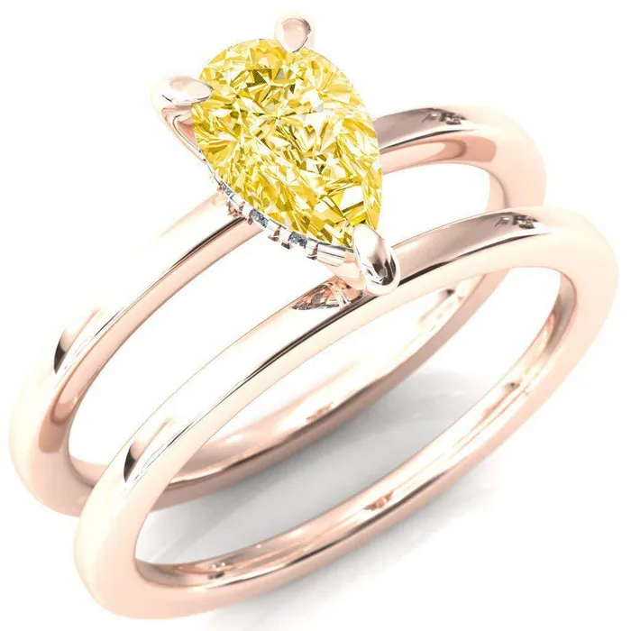 Carmeli Pear Canary Yellow 3 Claw Prong Micro Pave Diamond Rail Engagement Ring Fire Brilliance Rings