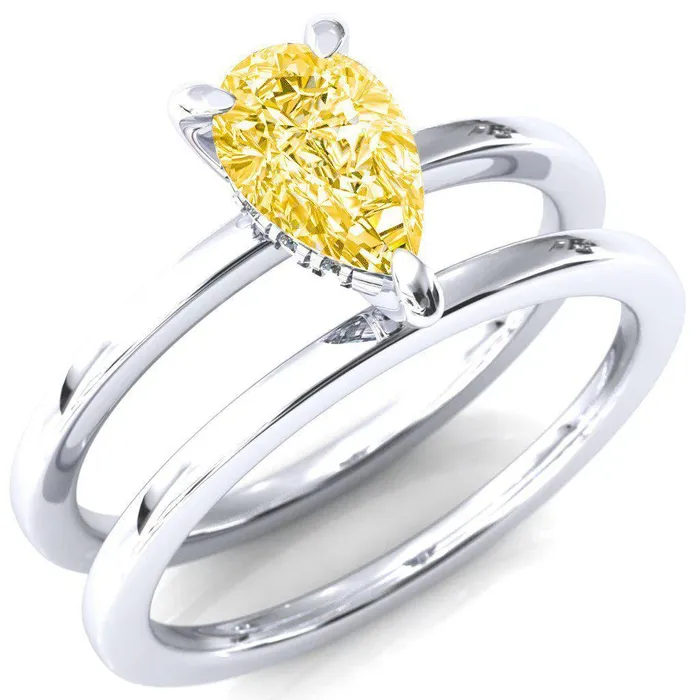 Carmeli Pear Canary Yellow 3 Claw Prong Micro Pave Diamond Rail Engagement Ring Fire Brilliance Rings