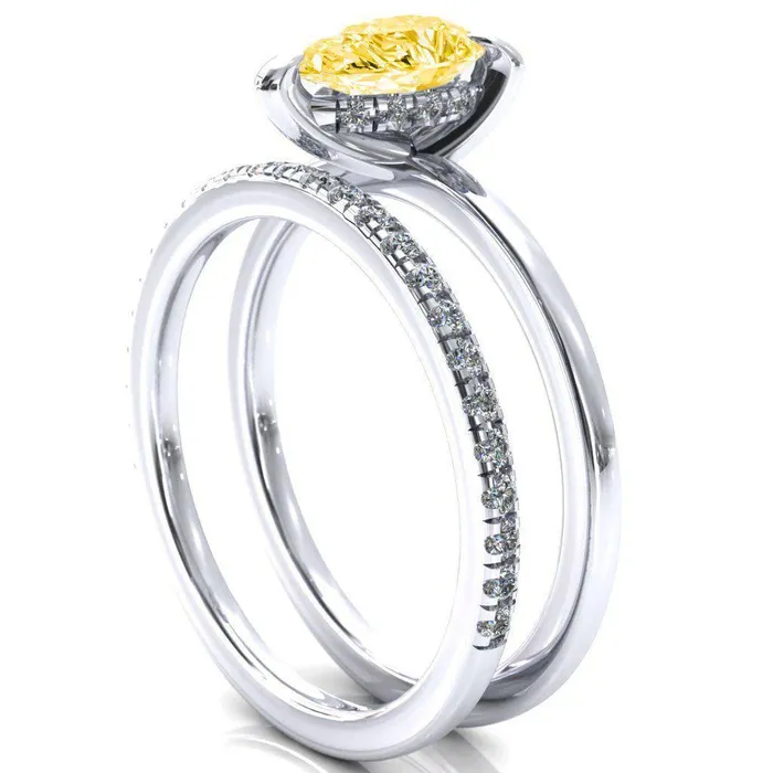 Carmeli Pear Canary Yellow 3 Claw Prong Micro Pave Diamond Rail Engagement Ring Fire Brilliance Rings