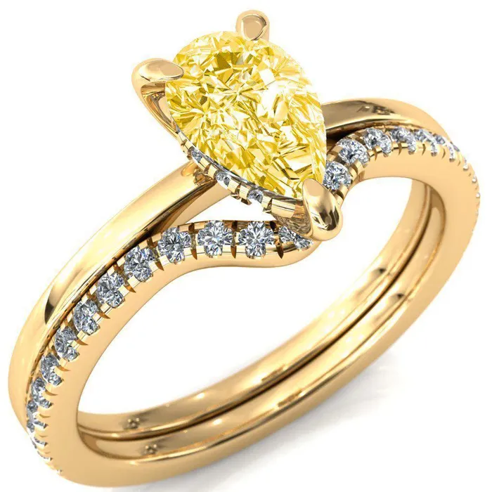 Carmeli Pear Canary Yellow 3 Claw Prong Micro Pave Diamond Rail Engagement Ring Fire Brilliance Rings