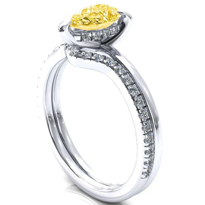 Carmeli Pear Canary Yellow 3 Claw Prong Micro Pave Diamond Rail Engagement Ring Fire Brilliance Rings