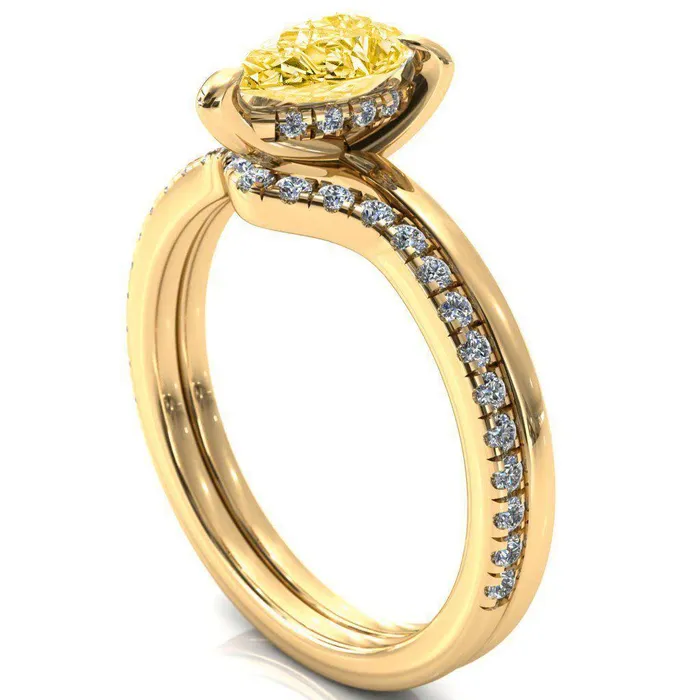 Carmeli Pear Canary Yellow 3 Claw Prong Micro Pave Diamond Rail Engagement Ring Fire Brilliance Rings