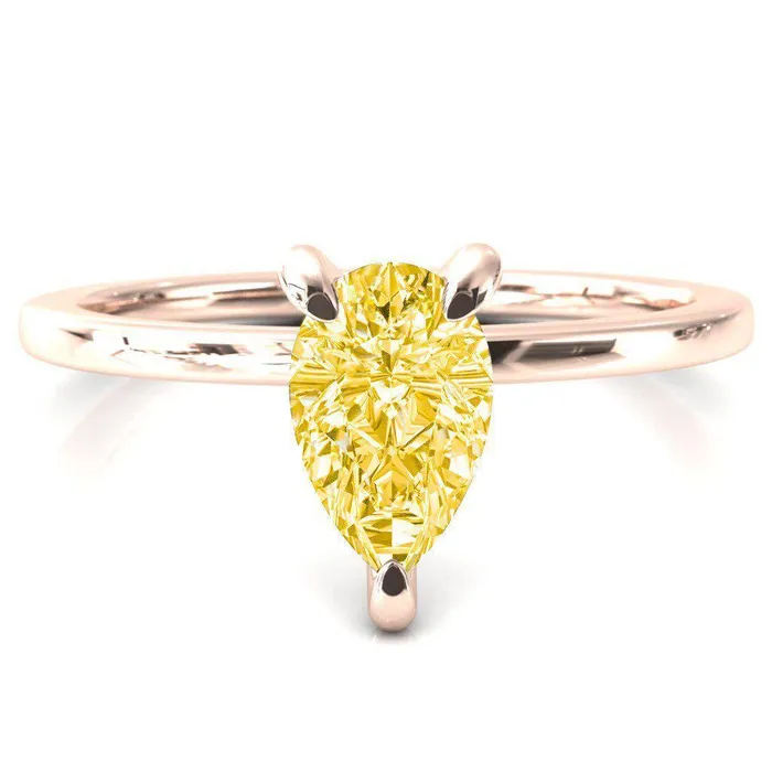 Carmeli Pear Canary Yellow 3 Claw Prong Micro Pave Diamond Rail Engagement Ring Fire Brilliance Rings
