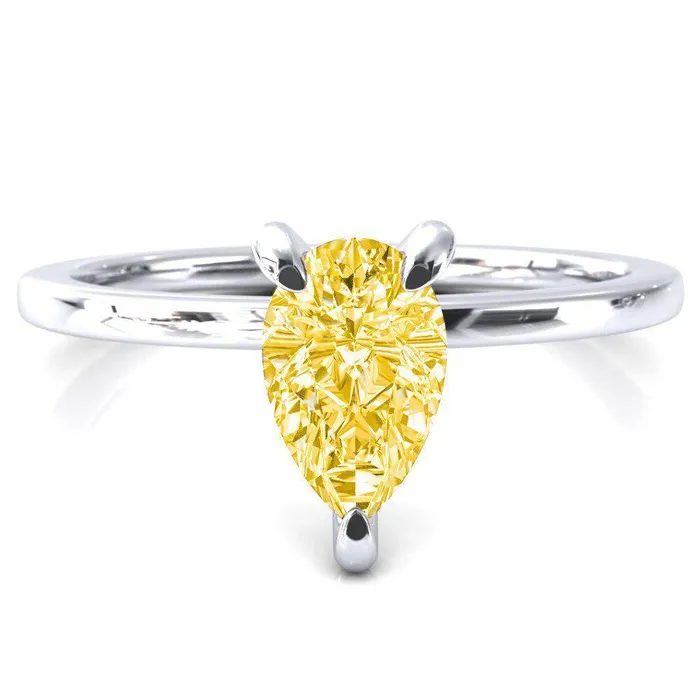 Carmeli Pear Canary Yellow 3 Claw Prong Micro Pave Diamond Rail Engagement Ring Fire Brilliance Rings
