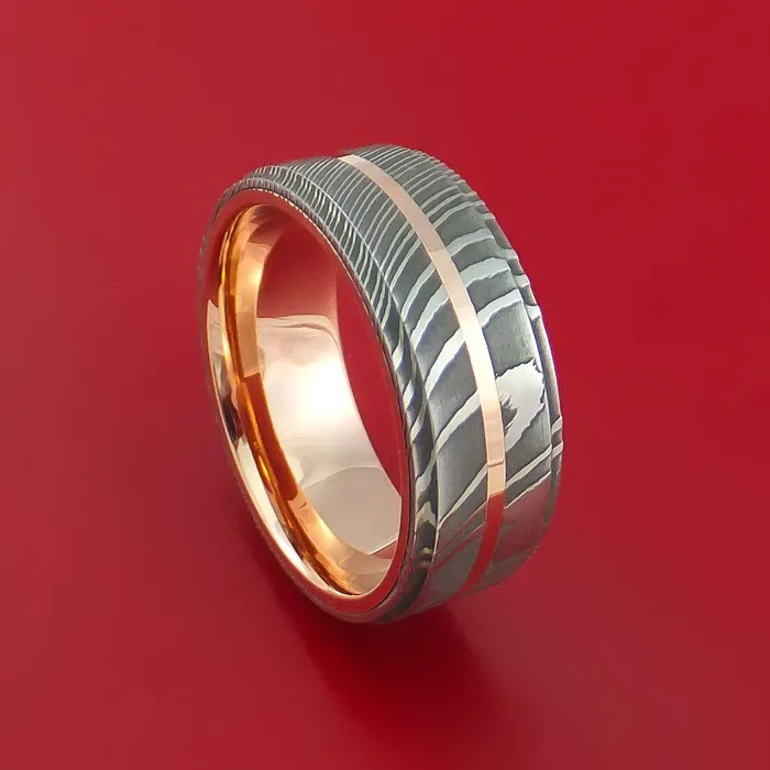 Damascus Steel 14K Rose Gold Ring with Gold Sleeve Wedding Band Custom Made Lashbrook Rings