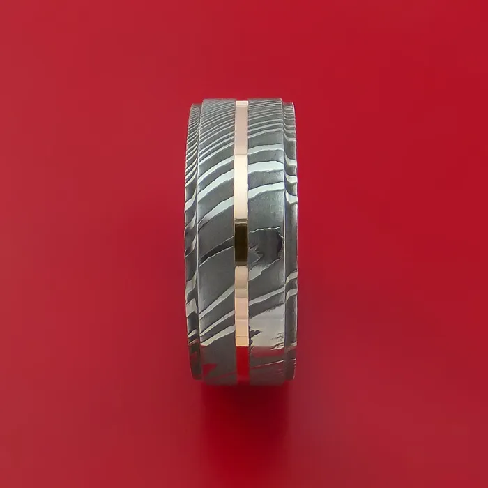Damascus Steel 14K Rose Gold Ring with Gold Sleeve Wedding Band Custom Made Lashbrook Rings