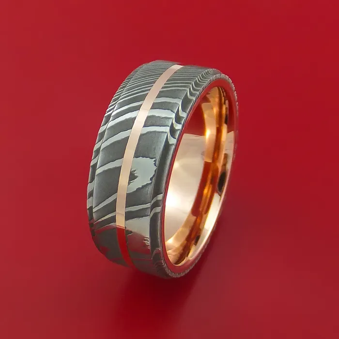 Damascus Steel 14K Rose Gold Ring with Gold Sleeve Wedding Band Custom Made Lashbrook Rings
