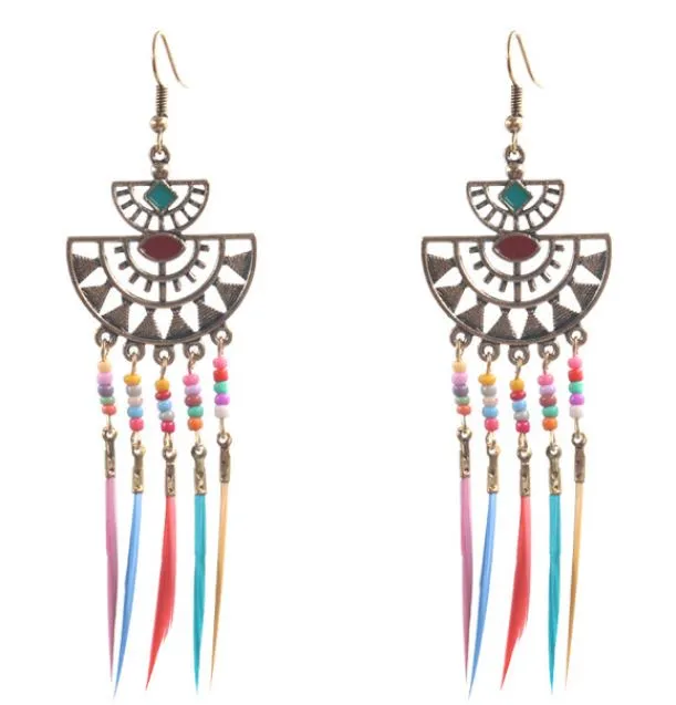 E183 Gold Multi Color Feather Bead Tassel Earrings polly Earrings