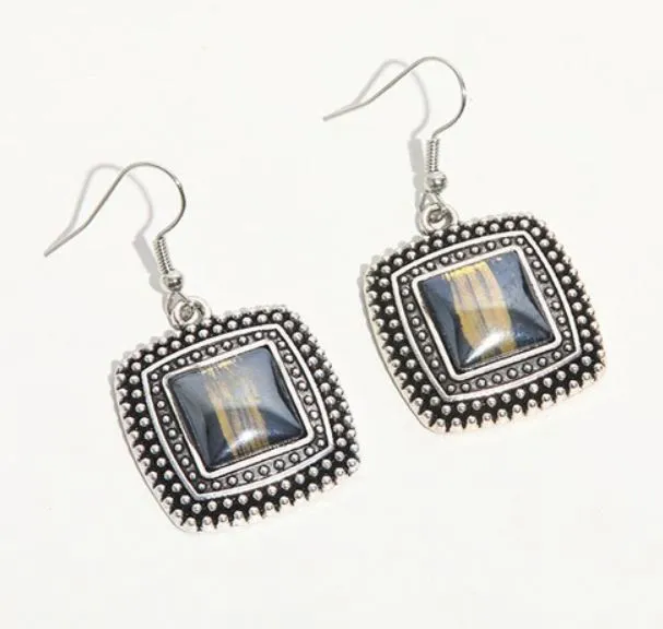 E1867 Silver Black Gold Shimmer Square Decorated Earrings polly Earrings