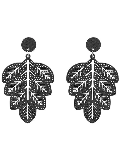 E1876 Large Black Wooden Leaf Earrings 02 Earrings