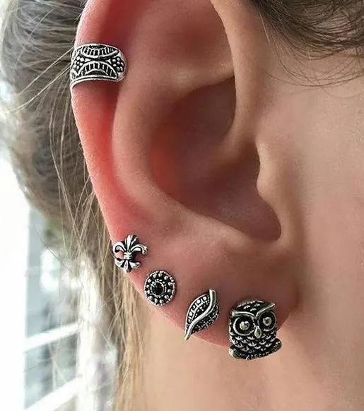 Earrings 01 E793 Gold Owl Earring Set 5 Piece