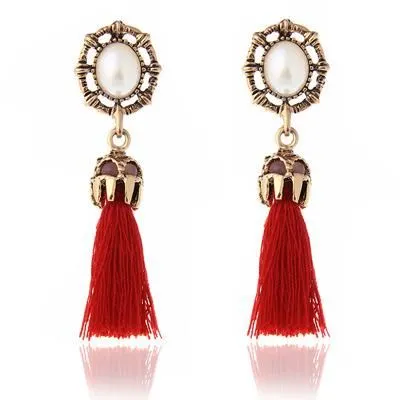 Earrings 01 E965 Gold Antique Look Pearl Red Tassel Earrings