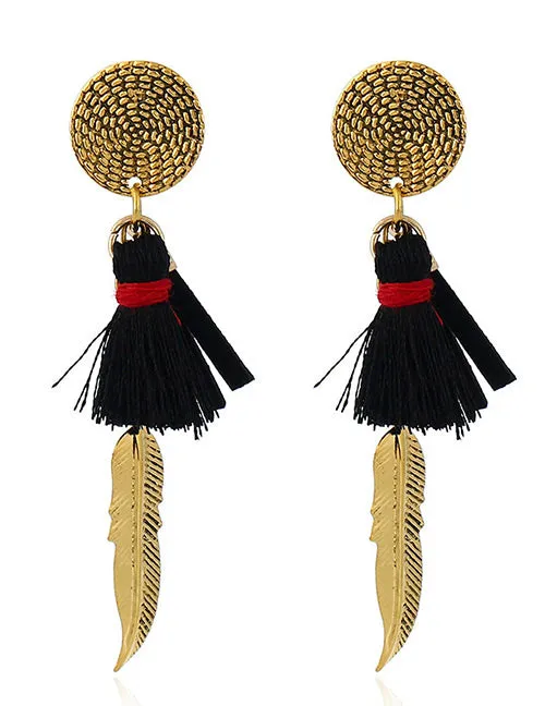 Earrings 02 E1460 Gold Feather Black Tassel Earrings
