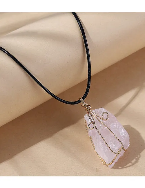 Earrings 02 N261 Pink Natural Stone on Leather Cord Necklace FREE Earrings
