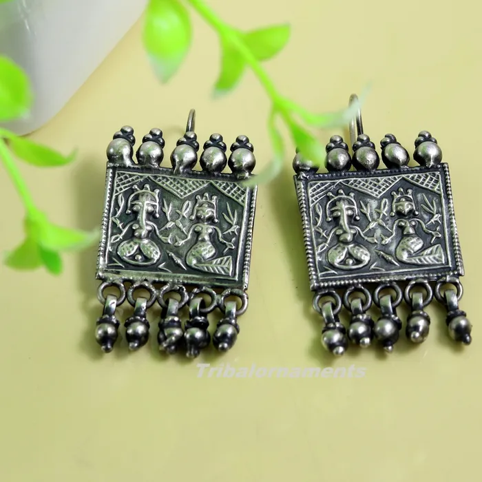 Earrings 925 sterling silver handmade vintage tribal deity design excellent customized hoops earring with gorgeous hanging drops tribal earrings s829 TRIBAL ORNAMENTS