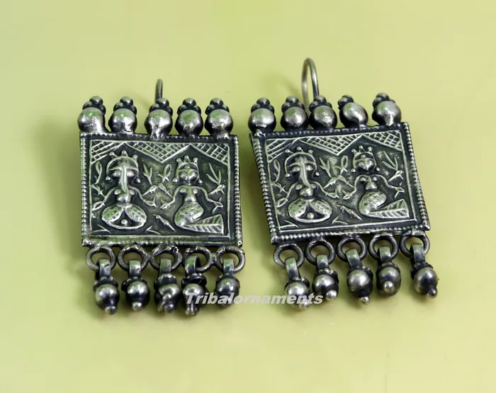 Earrings 925 sterling silver handmade vintage tribal deity design excellent customized hoops earring with gorgeous hanging drops tribal earrings s829 TRIBAL ORNAMENTS