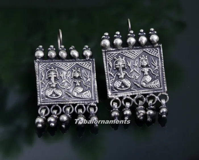 Earrings 925 sterling silver handmade vintage tribal deity design excellent customized hoops earring with gorgeous hanging drops tribal earrings s829 TRIBAL ORNAMENTS