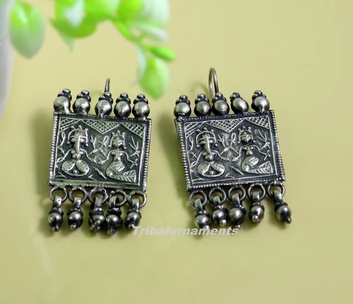 Earrings 925 sterling silver handmade vintage tribal deity design excellent customized hoops earring with gorgeous hanging drops tribal earrings s829 TRIBAL ORNAMENTS