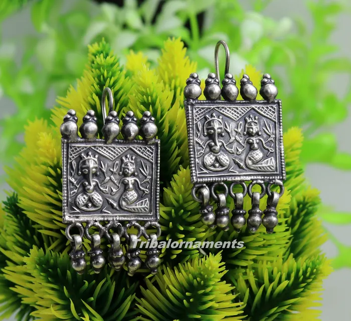 Earrings 925 sterling silver handmade vintage tribal deity design excellent customized hoops earring with gorgeous hanging drops tribal earrings s829 TRIBAL ORNAMENTS