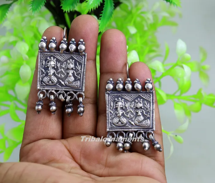 Earrings 925 sterling silver handmade vintage tribal deity design excellent customized hoops earring with gorgeous hanging drops tribal earrings s829 TRIBAL ORNAMENTS