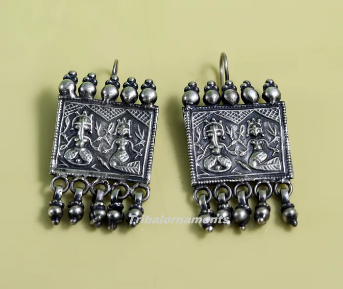 Earrings 925 sterling silver handmade vintage tribal deity design excellent customized hoops earring with gorgeous hanging drops tribal earrings s829 TRIBAL ORNAMENTS