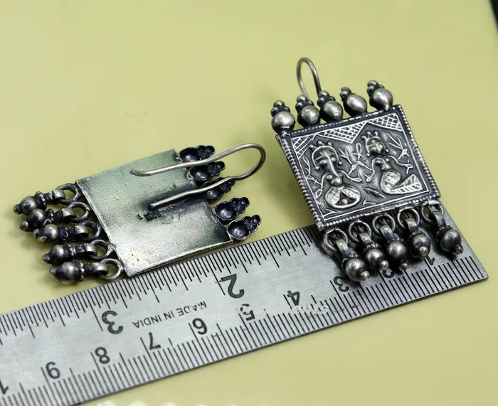 Earrings 925 sterling silver handmade vintage tribal deity design excellent customized hoops earring with gorgeous hanging drops tribal earrings s829 TRIBAL ORNAMENTS