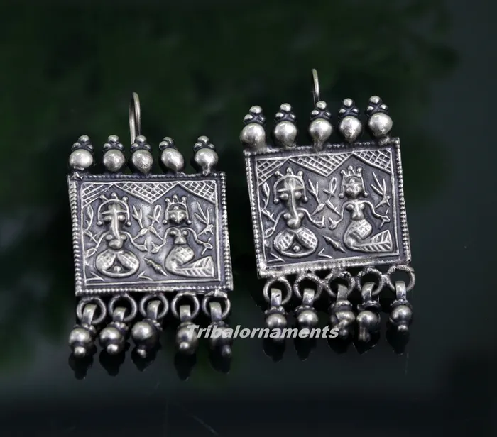 Earrings 925 sterling silver handmade vintage tribal deity design excellent customized hoops earring with gorgeous hanging drops tribal earrings s829 TRIBAL ORNAMENTS