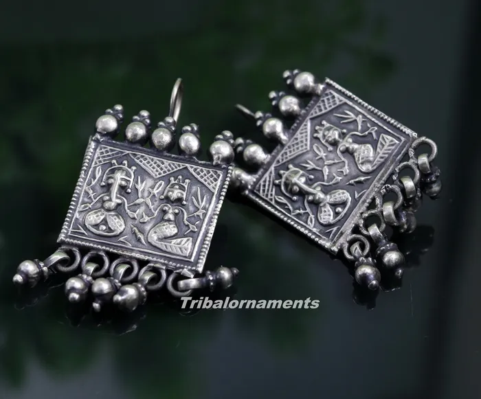 Earrings 925 sterling silver handmade vintage tribal deity design excellent customized hoops earring with gorgeous hanging drops tribal earrings s829 TRIBAL ORNAMENTS