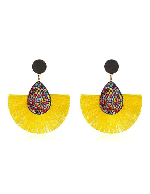 Earrings E1041 Multi Color Rhinestone Yellow Fan Shape Earrings 02