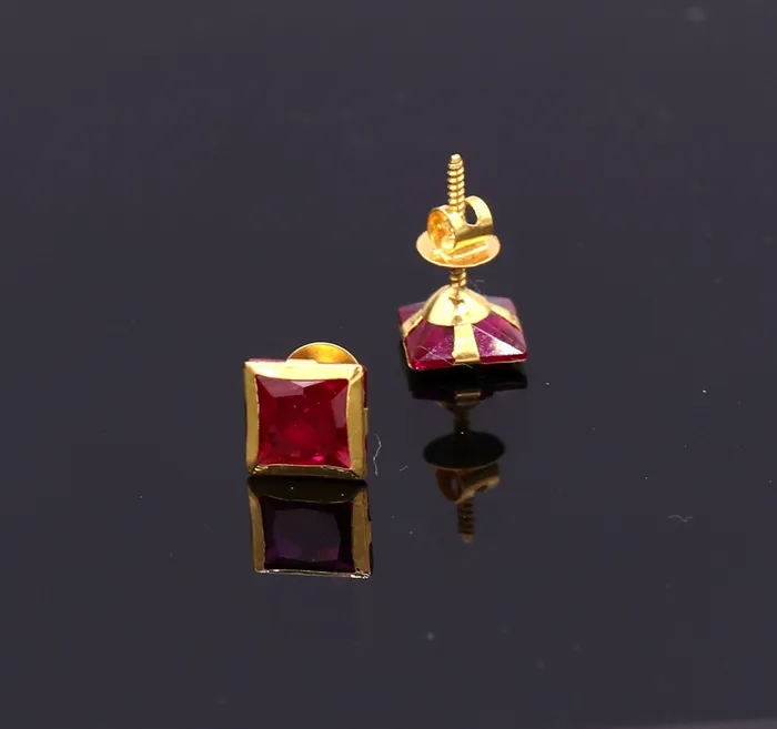 Earrings TRIBAL ORNAMENTS 6 mm 18k yellow gold handmade fabulous ruby color stone excellent designer stud earrings pair unisex jewelry Earrings TRIBAL ORNAMENTS 6 mm 18k yellow gold handmade fabulous ruby color stone excellent designer stud earrings pair unisex jewelry