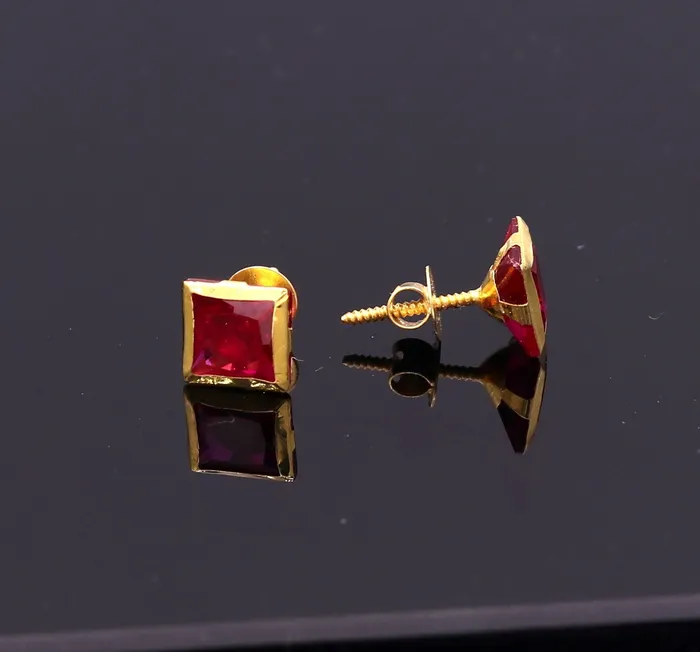 Earrings TRIBAL ORNAMENTS 6 mm 18k yellow gold handmade fabulous ruby color stone excellent designer stud earrings pair unisex jewelry