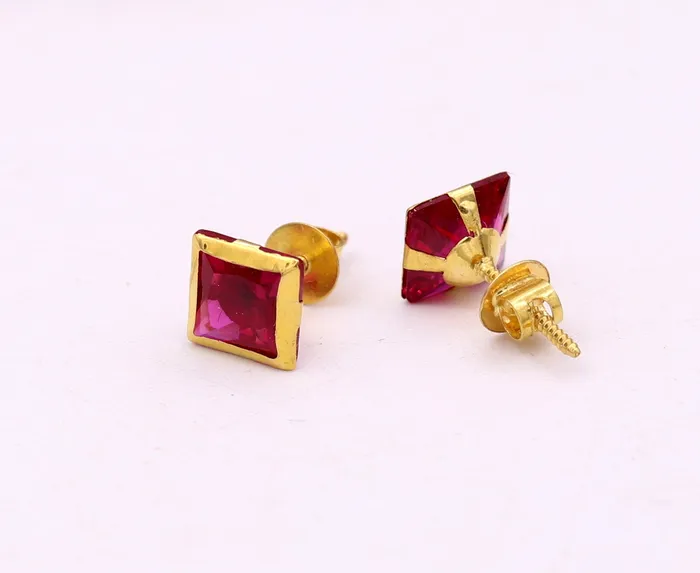 Earrings TRIBAL ORNAMENTS 6 mm 18k yellow gold handmade fabulous ruby color stone excellent designer stud earrings pair unisex jewelry