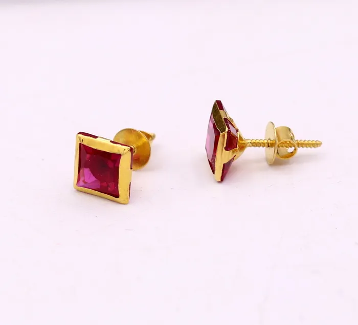 Earrings TRIBAL ORNAMENTS 6 mm 18k yellow gold handmade fabulous ruby color stone excellent designer stud earrings pair unisex jewelry