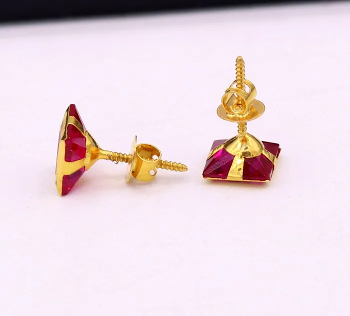Earrings TRIBAL ORNAMENTS 6 mm 18k yellow gold handmade fabulous ruby color stone excellent designer stud earrings pair unisex jewelry