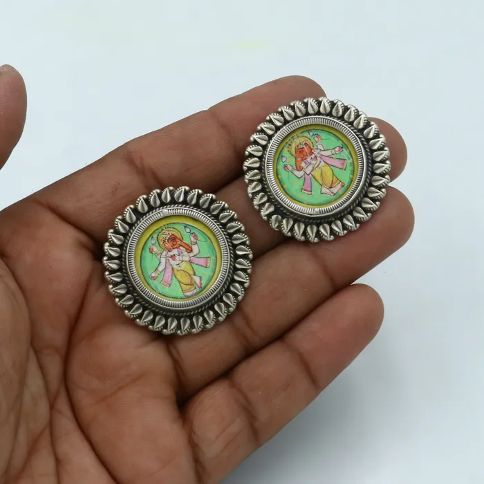 Earrings TRIBAL ORNAMENTS 925 sterling silver lord Ganesha painting miniature art Painting hoops earring s1337 Earrings TRIBAL ORNAMENTS 925 sterling silver lord Ganesha painting miniature art Painting hoops earring s1337