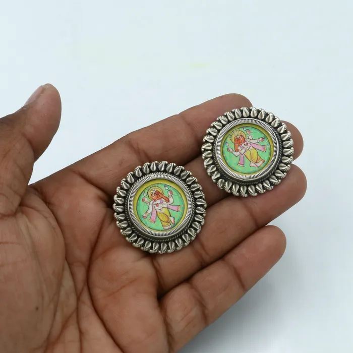 Earrings TRIBAL ORNAMENTS 925 sterling silver lord Ganesha painting miniature art Painting hoops earring s1337 Earrings TRIBAL ORNAMENTS 925 sterling silver lord Ganesha painting miniature art Painting hoops earring s1337